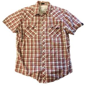 Bullhead Wild West Cowboy Shirts Short Sleeve Pearl Snap Button Down Red Plaid